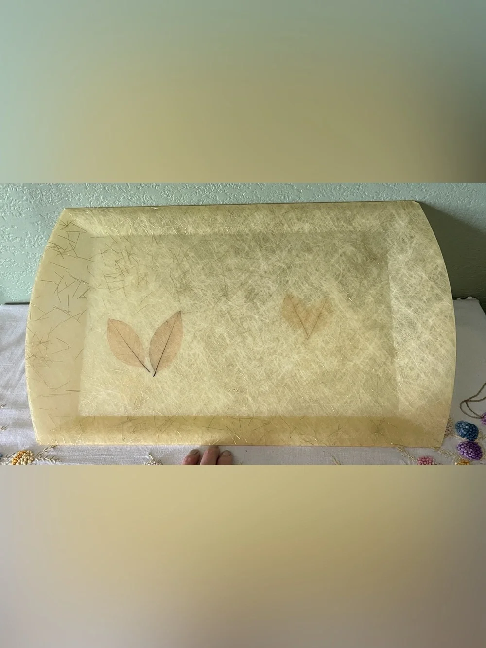Vintage 1950s Fiberglass Serving Tray Embedded Leaves Gold Metallic MCM